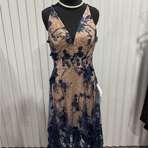 Dress the Population Navy and Beige Lace Midi Dress